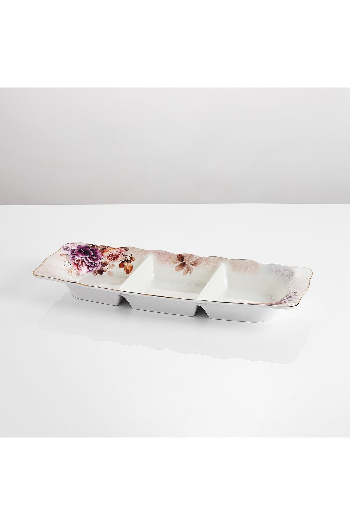 Platou compartimentat 3 secțiuni porțelan model floral vintage, 27 x 14.5 cm