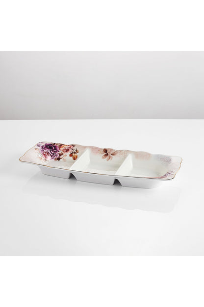 Platou compartimentat 3 secțiuni porțelan model floral vintage, 27 x 14.5 cm