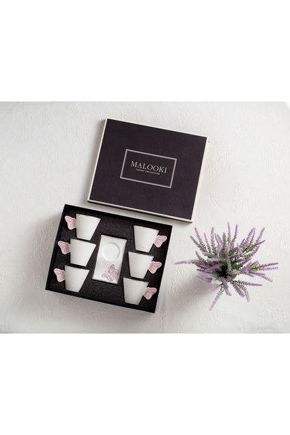 Set 6 Cești de cafea cu 6 farfurii ondulate, 180 ml, Porțelan – Model Fluture - Roz