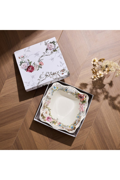 Bol porțelan model floral vintage, margini ondulate, 26.5 cm