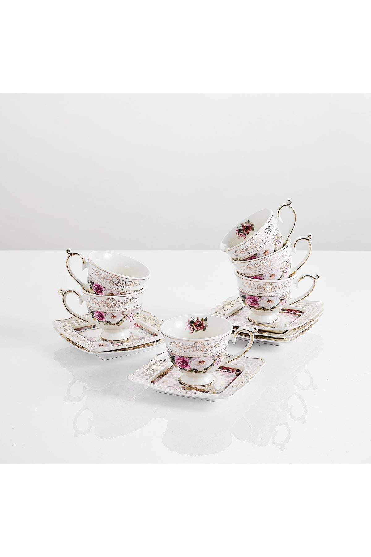 Set 6 cești espresso cu 6 farfurioare porțelan 90 ml – cești cafea model floral elegant