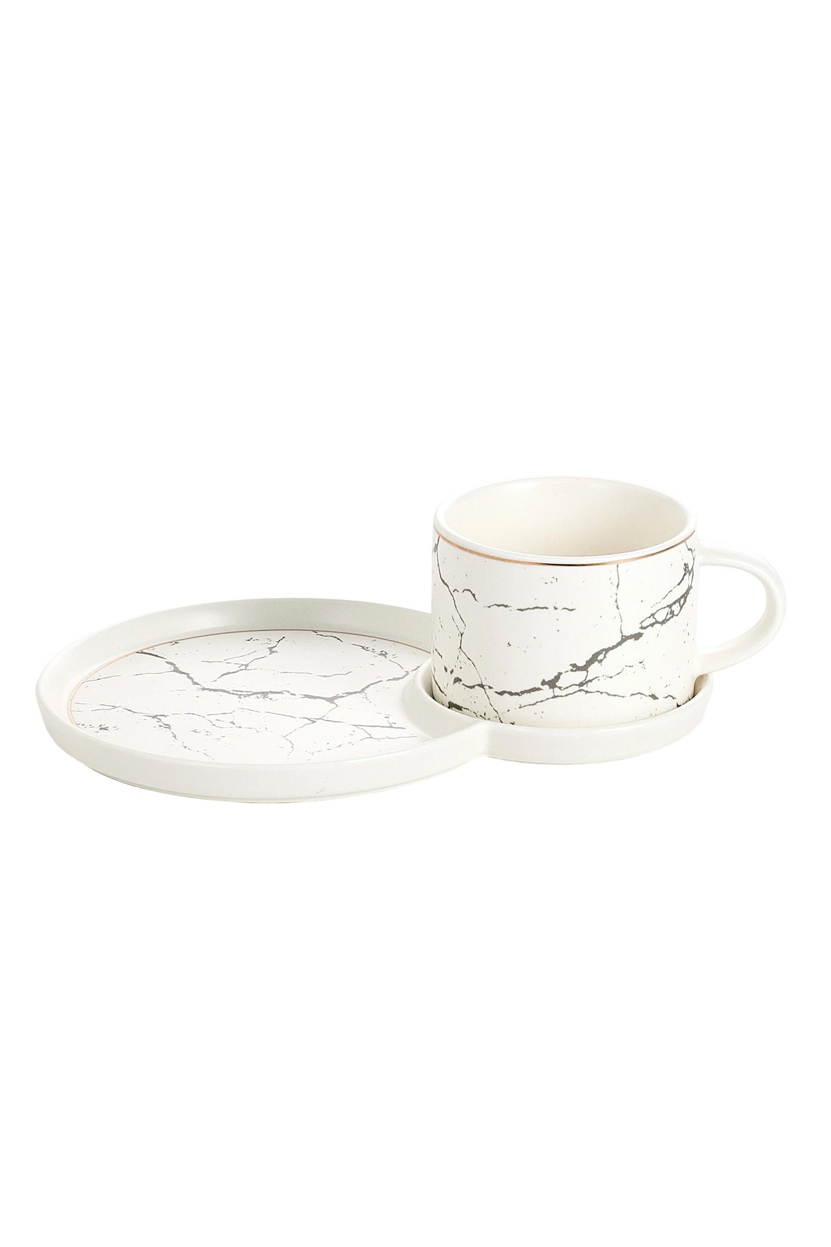 Set 6 cești de cafea din porțelan cu farfurioare duble pentru gustări, 180 ml - Alb