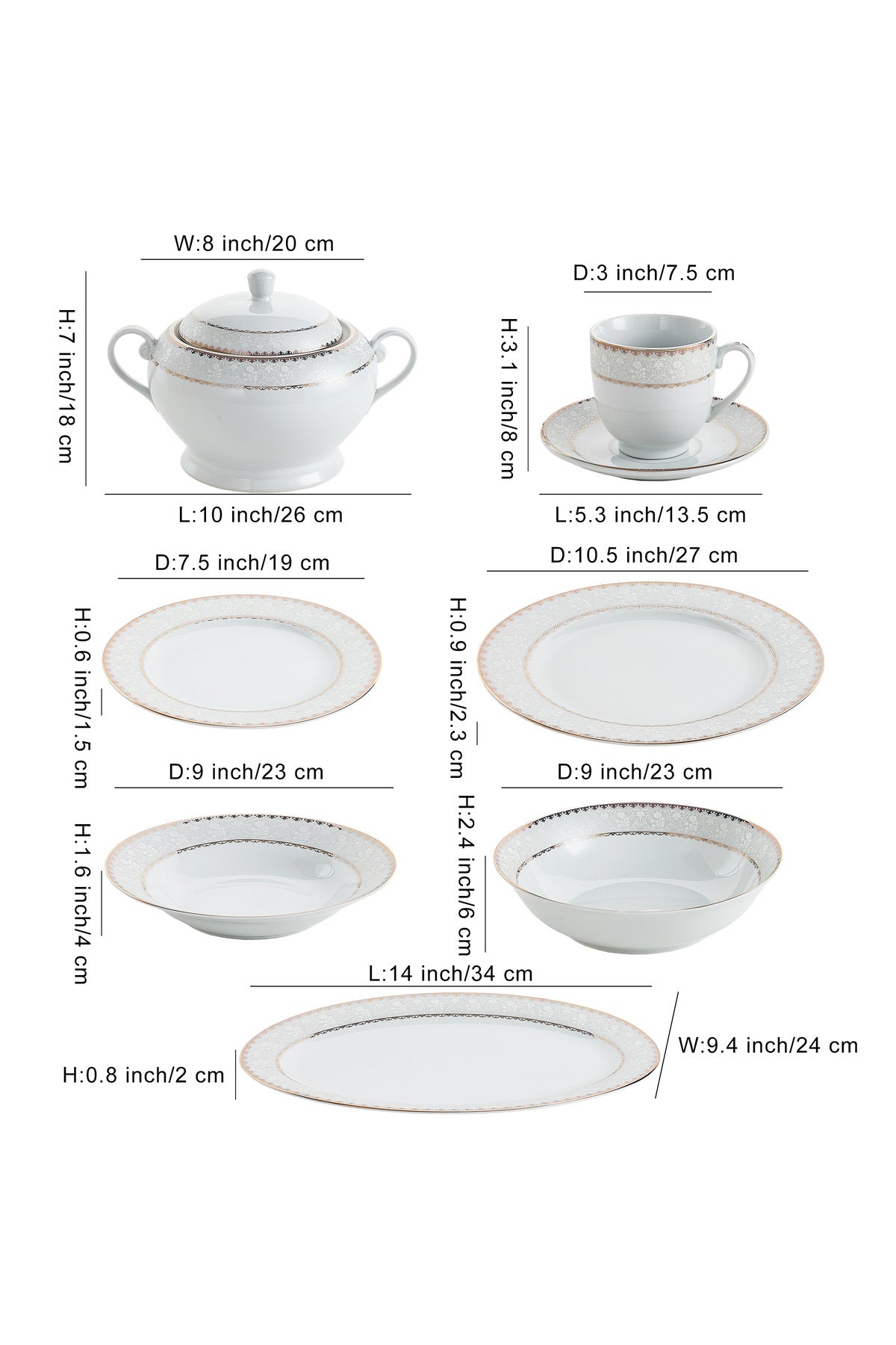 Serviciu de Masă 12 Persoane Golden Lace Heritage din Porțelan,64 Piese, Design Broderie Aurie