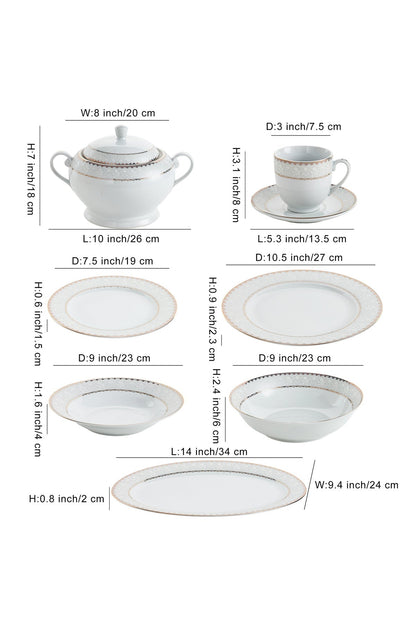 Serviciu de Masă 12 Persoane Golden Lace Heritage din Porțelan,64 Piese, Design Broderie Aurie