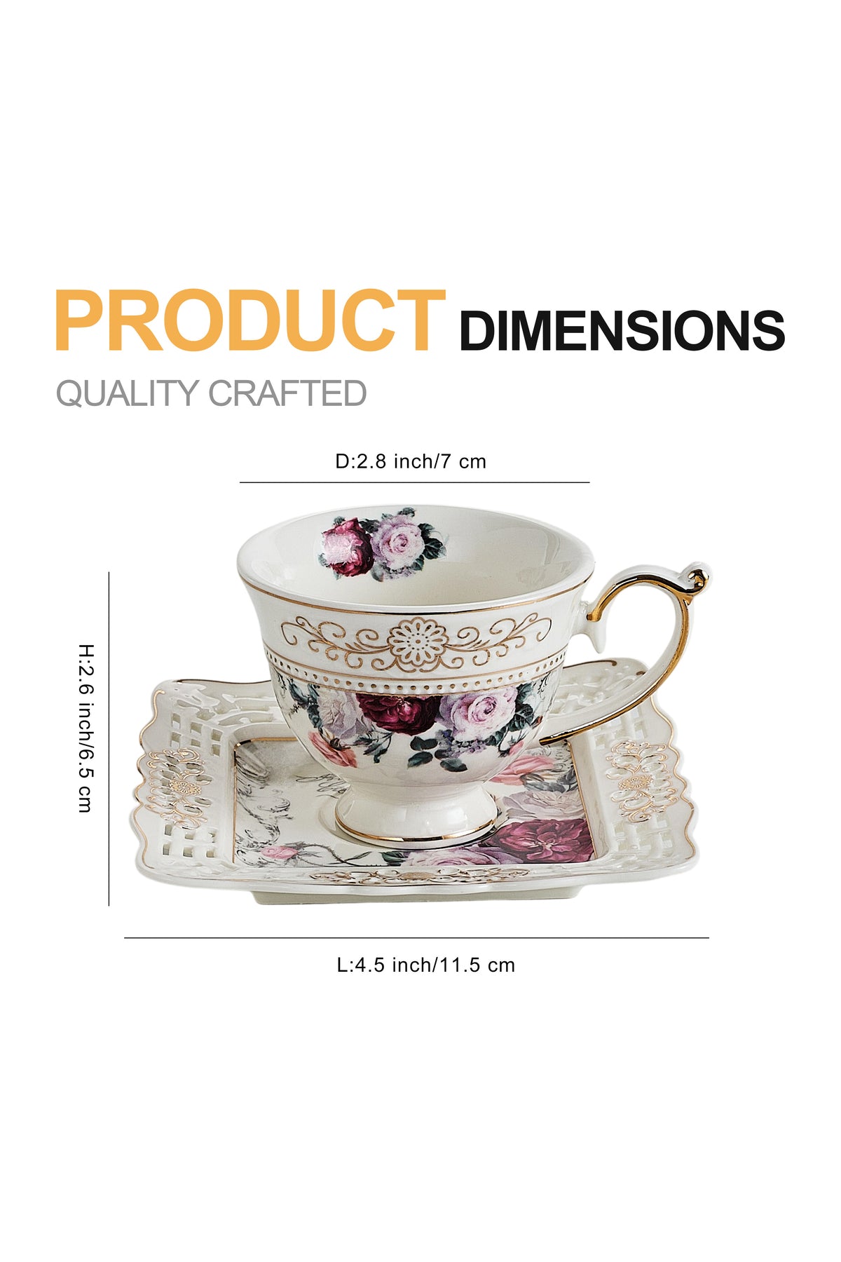 Set 6 cești espresso cu 6 farfurioare porțelan 90 ml – cești cafea model floral elegant