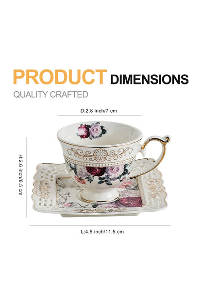 Set 6 cești espresso cu 6 farfurioare porțelan 90 ml – cești cafea model floral elegant