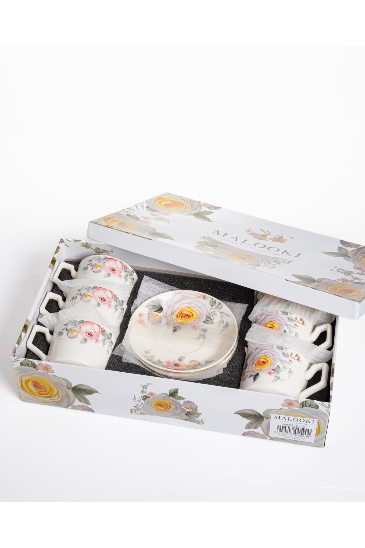 Set 6 cești cafea Eden – porțelan floral cu trandafiri, 12 piese cu farfurioare
