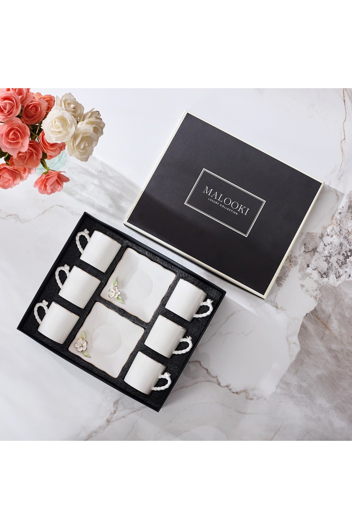 Set 6 Cești de Cafea din Porțelan cu Farfurioare, 180 ml - Detalii Florale