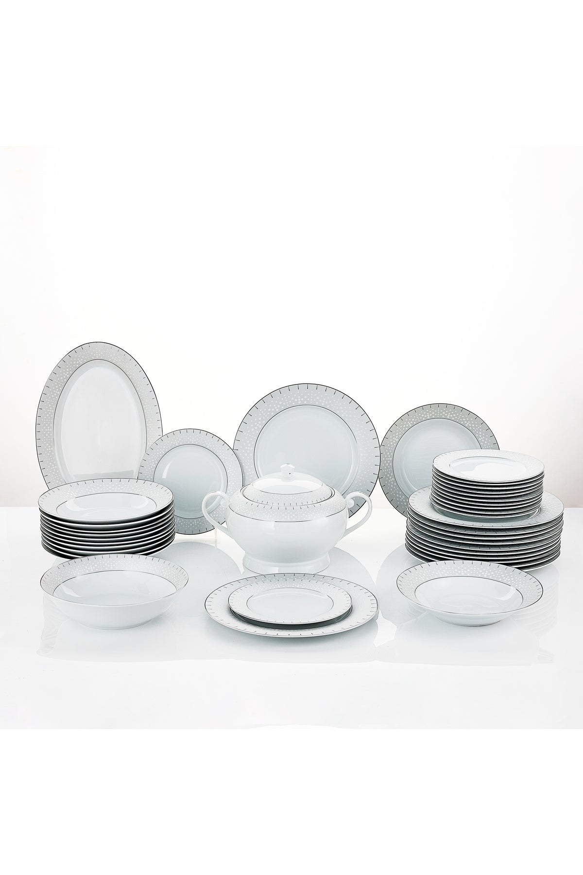 Serviciu de Masă 12 Persoane Starlight Silver din Porțelan , 40 piese, Design și Bordură Argintie
