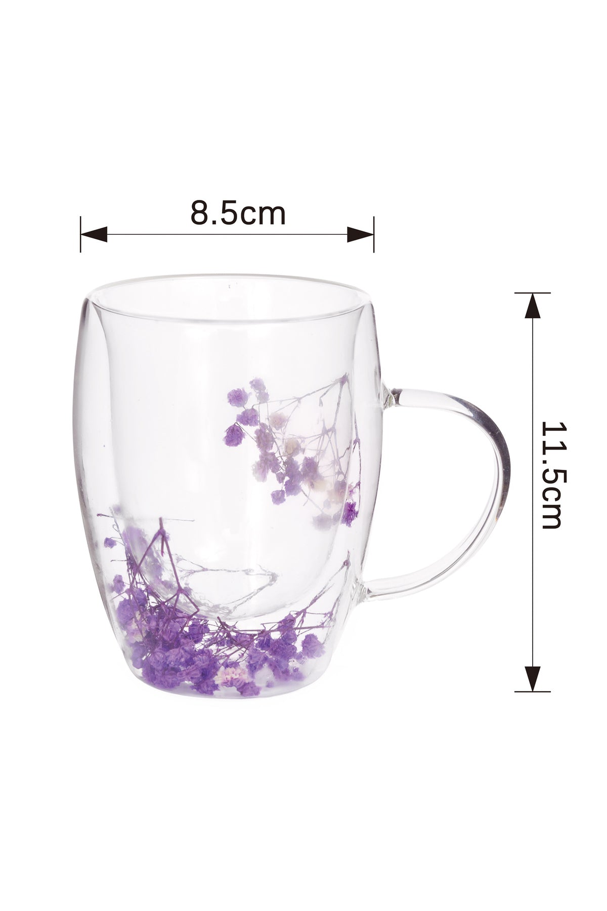Cană din Sticlă cu Pereți Dubli "Zeina" cu Flori Uscate Mov Naturale – 350 ml