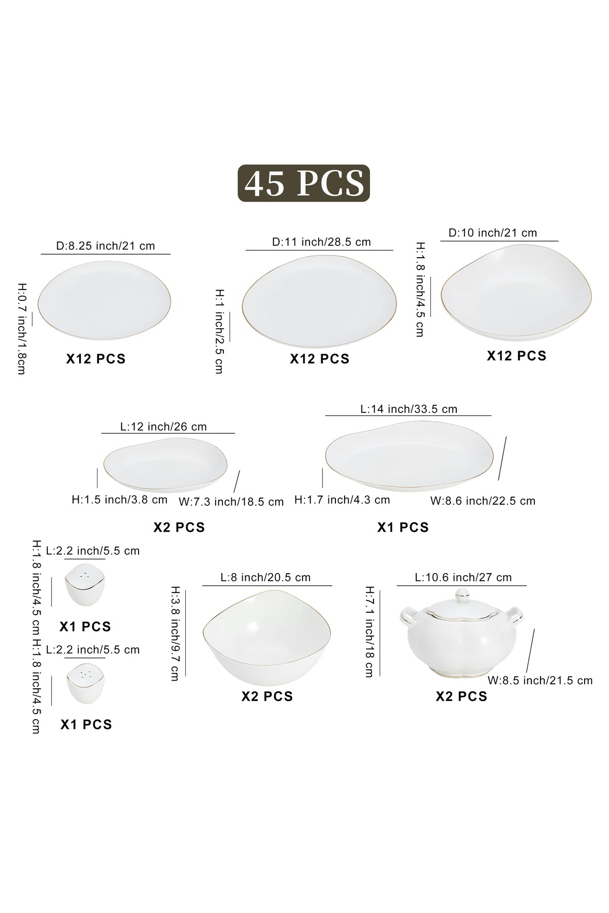 Set masă 45 piese porțelan Muzi, alb cu bordură aurie, design organic, 12 persoane