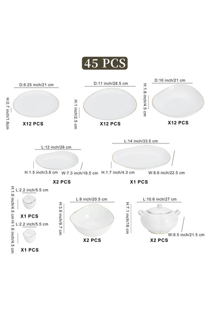 Set masă 45 piese porțelan Muzi, alb cu bordură aurie, design organic, 12 persoane