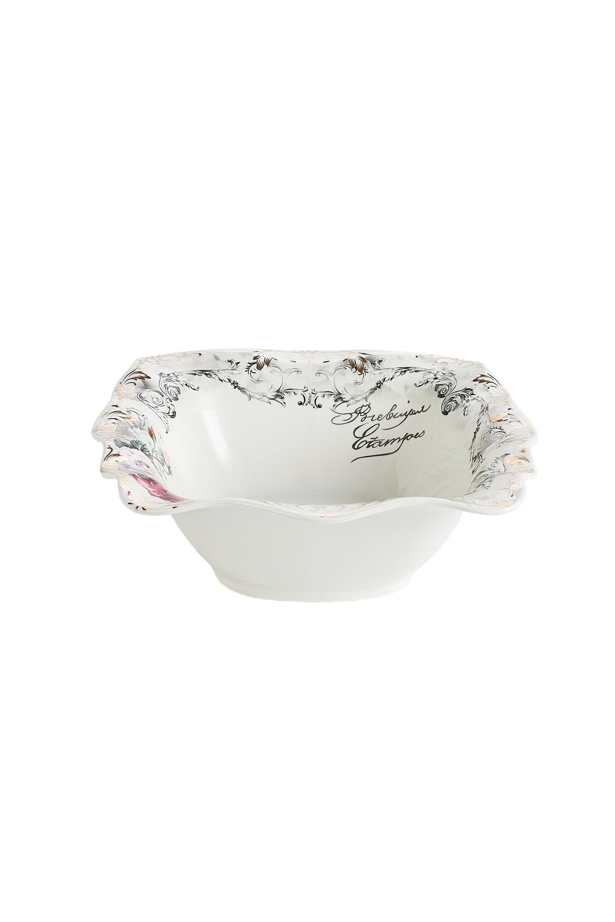 Bol porțelan model floral vintage, margini ondulate, 26.5 cm