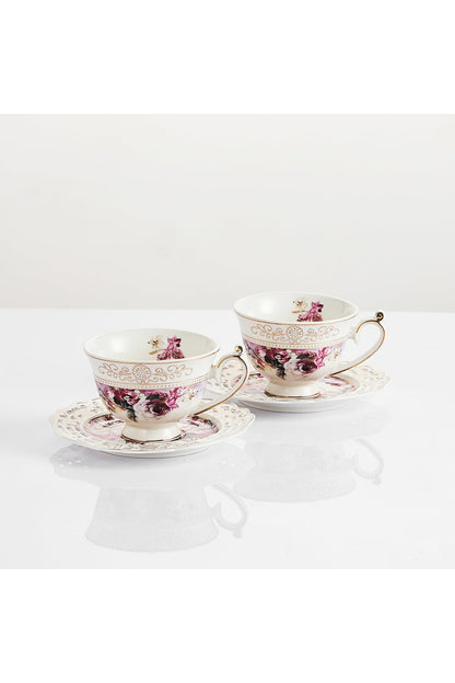 Set 2 cești cafea cu 2 farfurioare rotunde porțelan 200 ml – model floral elegant