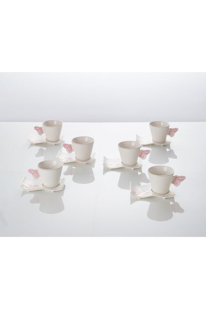 Set 6 Cești de cafea cu 6 farfurii ondulate, 180 ml, Porțelan – Model Fluture - Roz