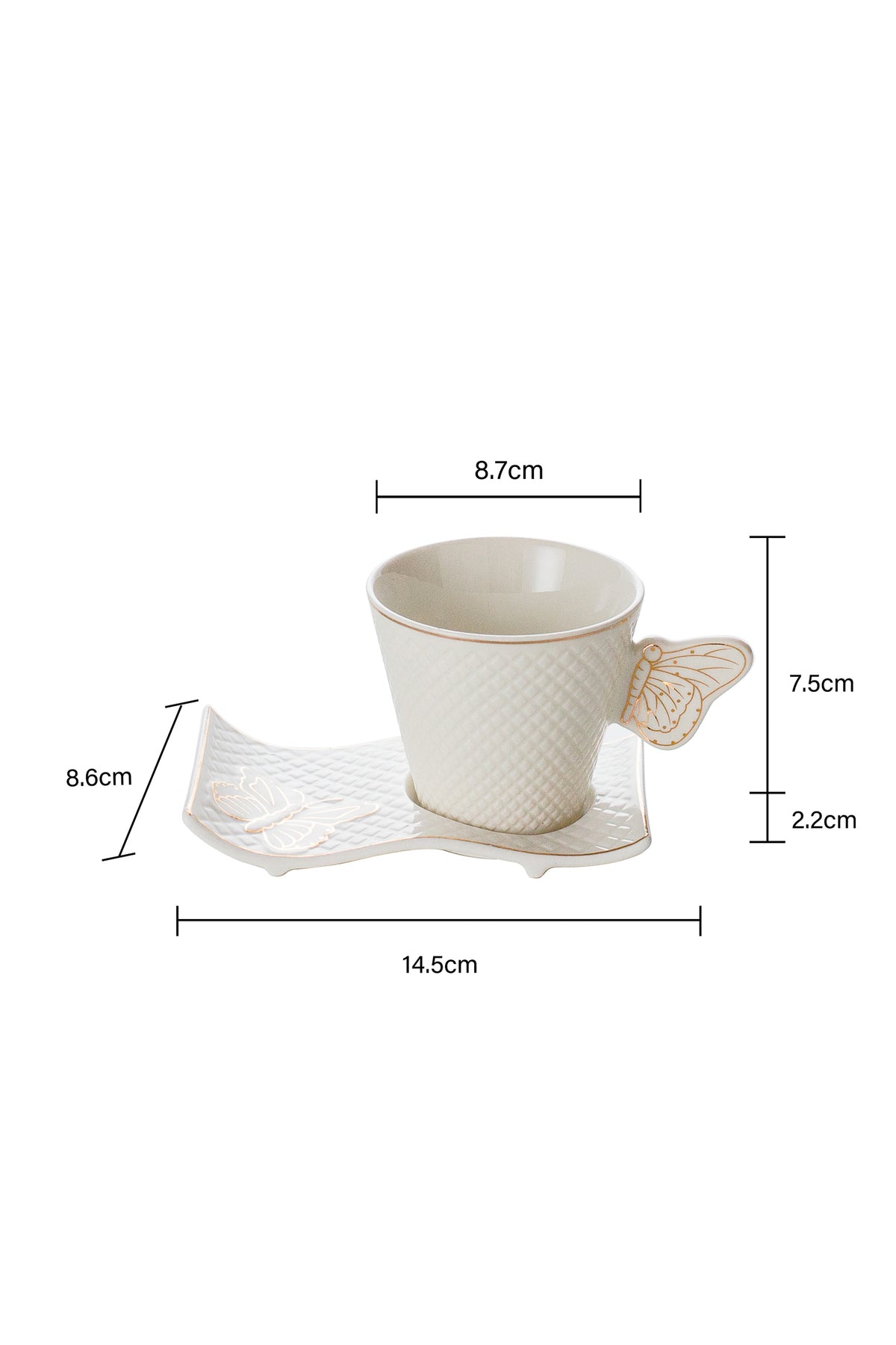 Set 6 Cești de cafea cu 6 farfurii ondulate, 180 ml, Porțelan – Model Fluture - Auriu
