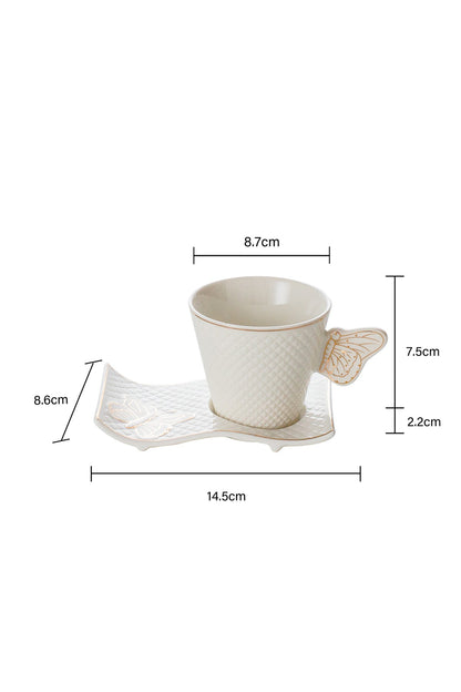 Set 6 Cești de cafea cu 6 farfurii ondulate, 180 ml, Porțelan – Model Fluture - Auriu