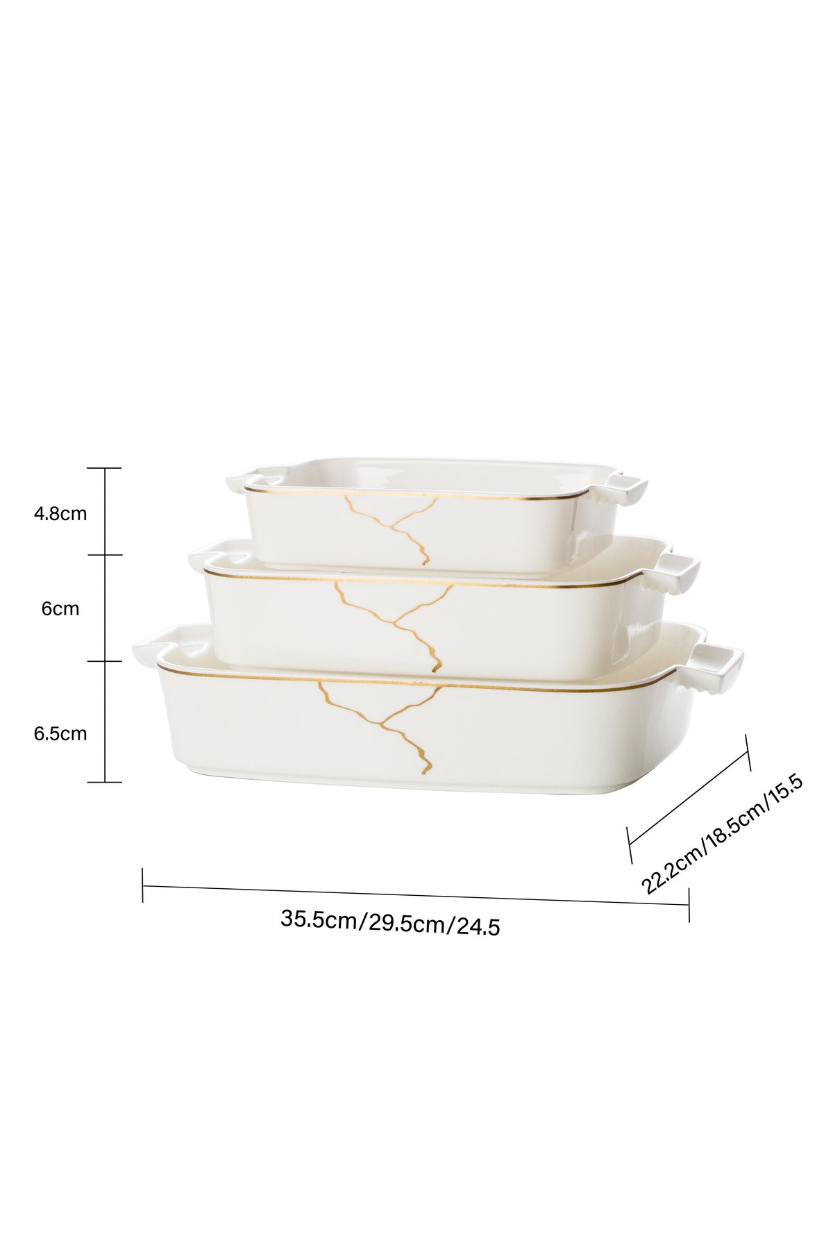 Set 3 tăvi cuptor Infinity – porțelan alb cu vene aurii, rezistente la cuptor