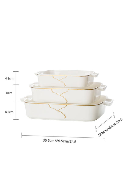 Set 3 tăvi cuptor Infinity – porțelan alb cu vene aurii, rezistente la cuptor