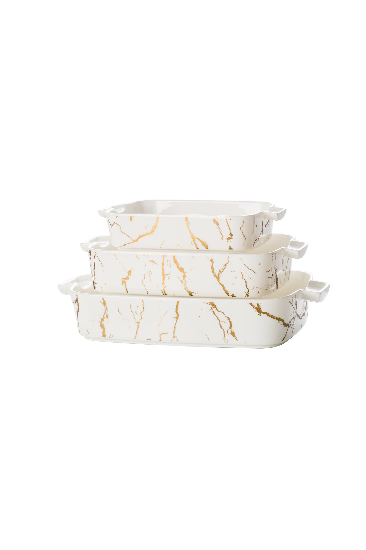 Set 3 tăvi cuptor Marble – porțelan alb cu model marmură aurie, rezistente la cuptor
