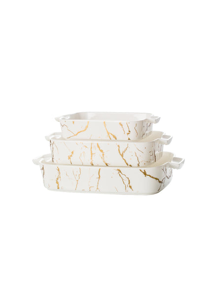 Set 3 tăvi cuptor Marble – porțelan alb cu model marmură aurie, rezistente la cuptor
