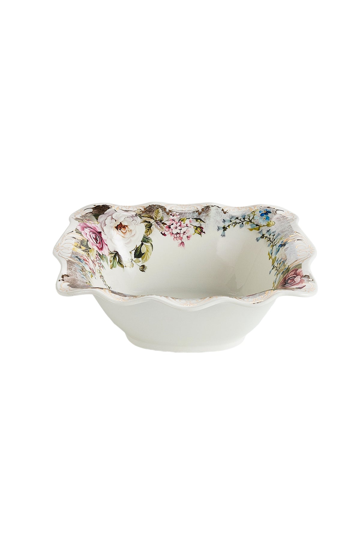 Bol porțelan model floral vintage, margini ondulate, 26.5 cm