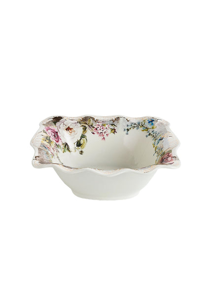 Bol porțelan model floral vintage, margini ondulate, 26.5 cm