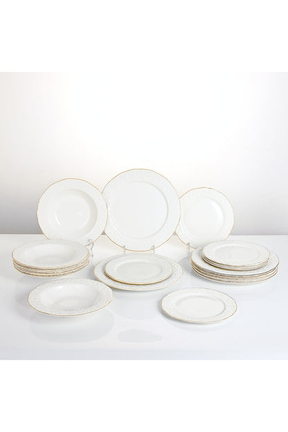 Serviciu de masă din porțelan 18 piese Lux set farfurii 6 persoane decor relief margine aurie finlux