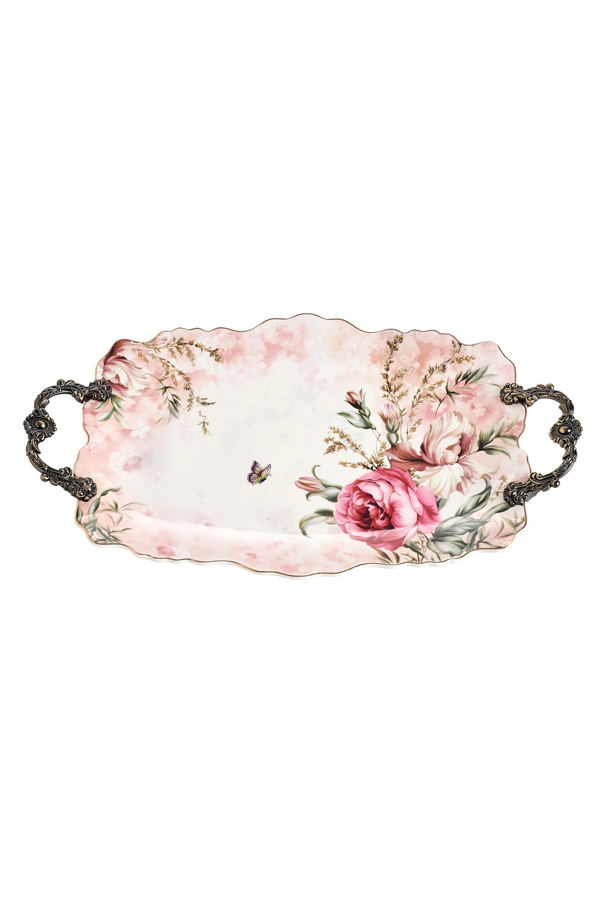 Tavă servire porțelan ovală model floral vintage, mânere metalice bronz, 44.5 cm