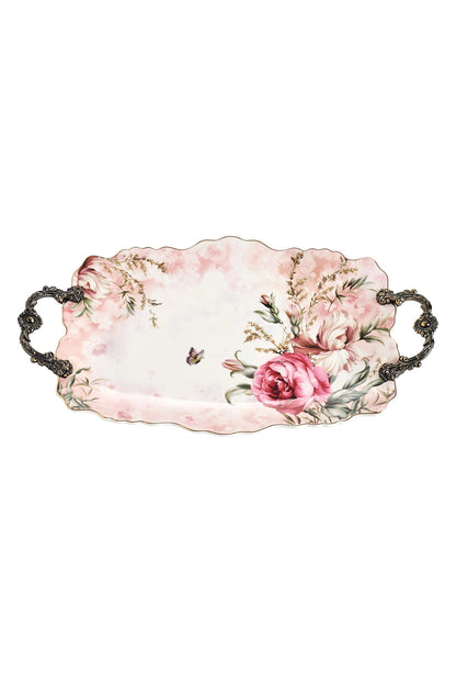 Tavă servire porțelan ovală model floral vintage, mânere metalice bronz, 44.5 cm