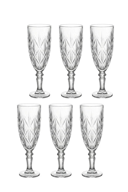 Set 6 pahare șampanie sticlă Diamond, model diamant gravat, 165ml, transparent