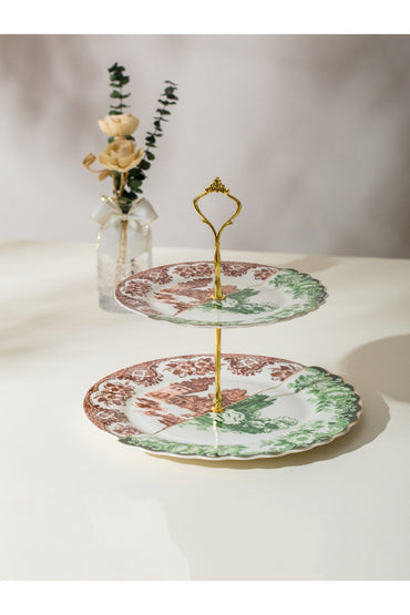 Platou etajat 2 nivele Heritage – porțelan cu peisaj rustic vintage, suport prăjituri și aperitive