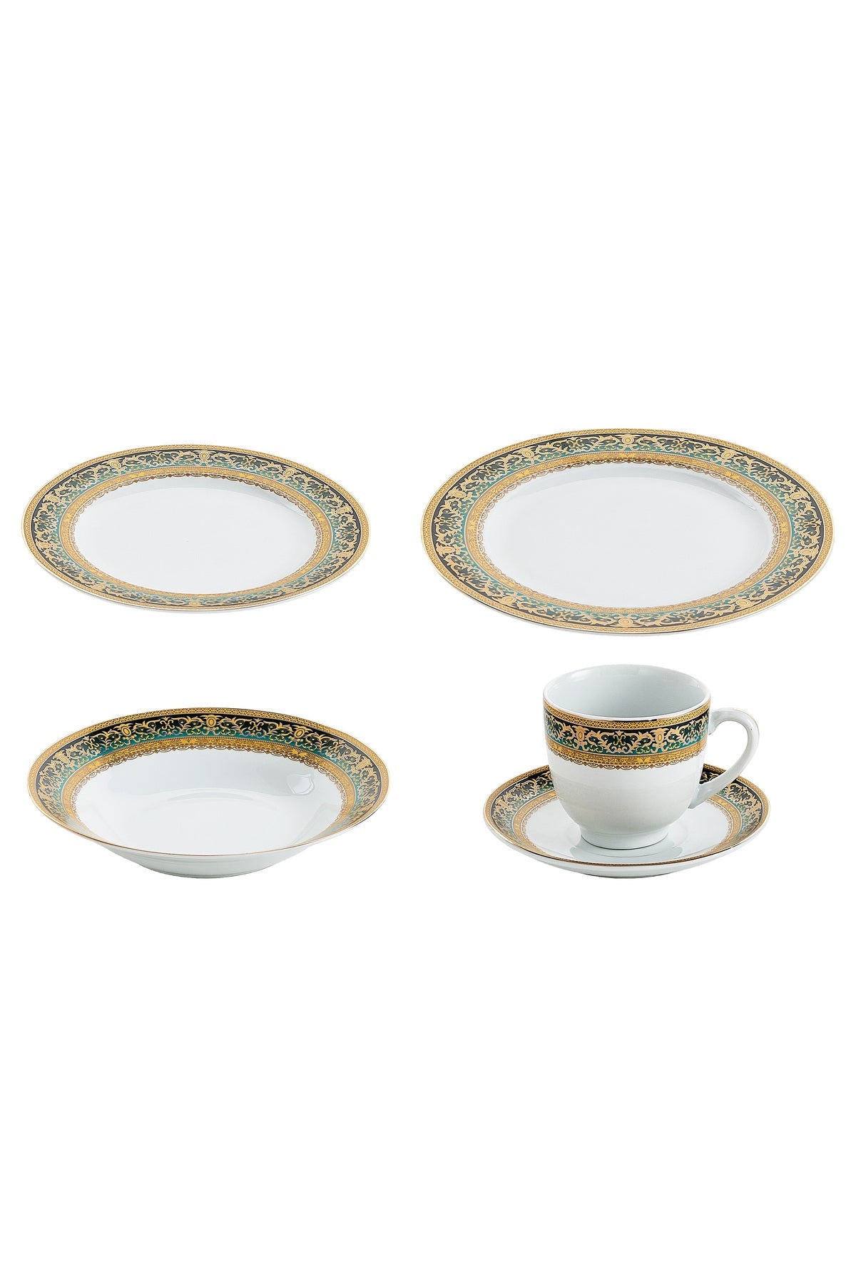 Serviciu de Masă 6 persoane Emerald Royal Gold din Porțelan, 30 piese, Design Baroc Verde cu Aur