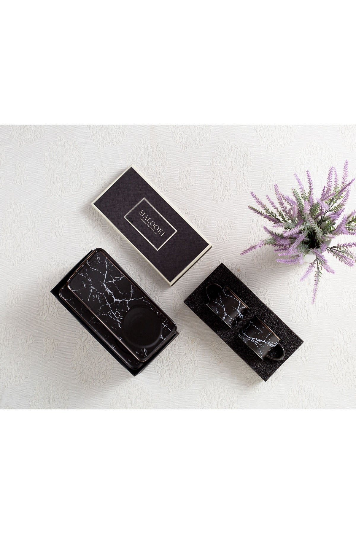 Set 2 Cești de cafea cu 2 farfurii lungi tip tavă, 200 ml, Porțelan – Negru marmorat