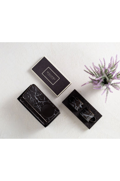 Set 2 Cești de cafea cu 2 farfurii lungi tip tavă, 200 ml, Porțelan – Negru marmorat