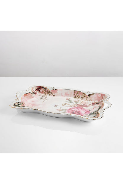 Tavă servire porțelan model floral vintage, mânere integrate, 42 x 27 cm