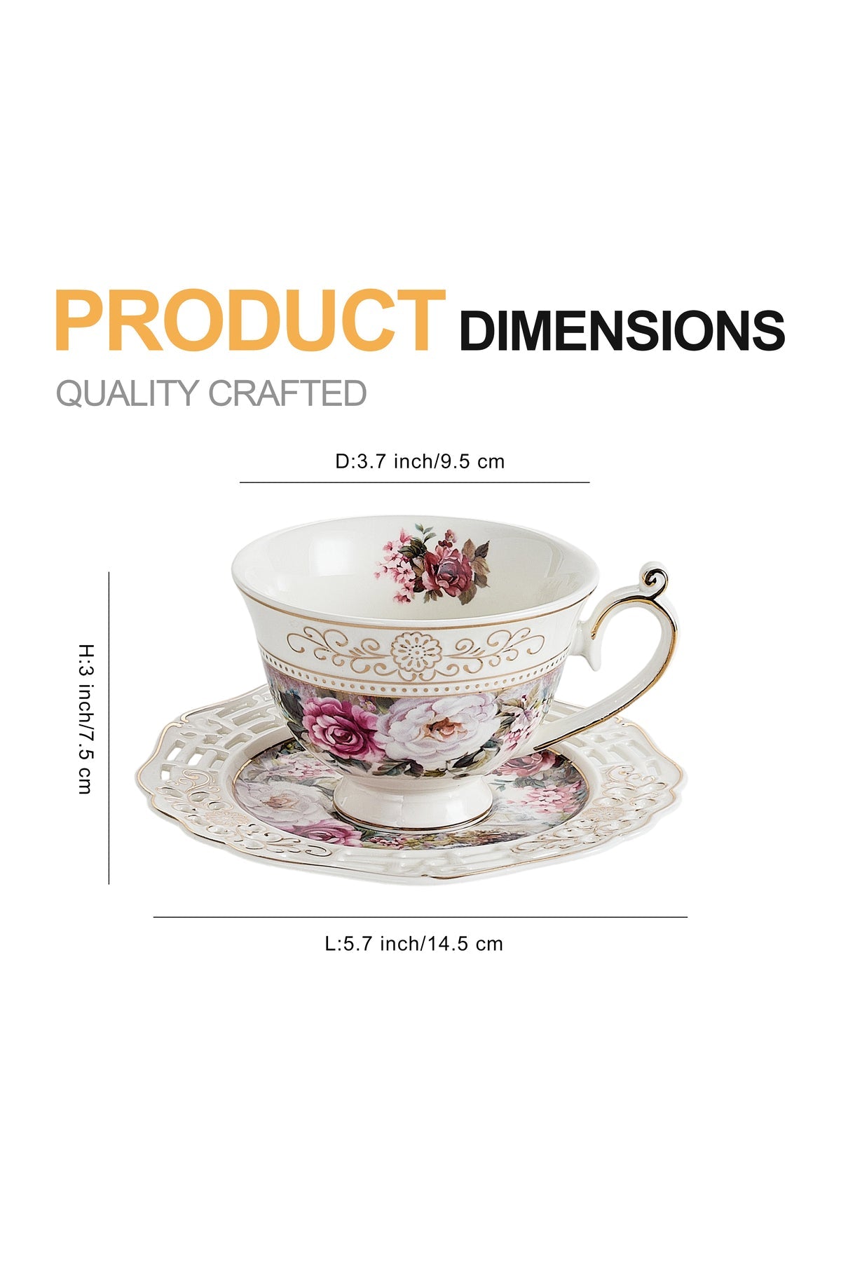 Set 2 cești cafea cu 2 farfurioare rotunde porțelan 200 ml – model floral elegant