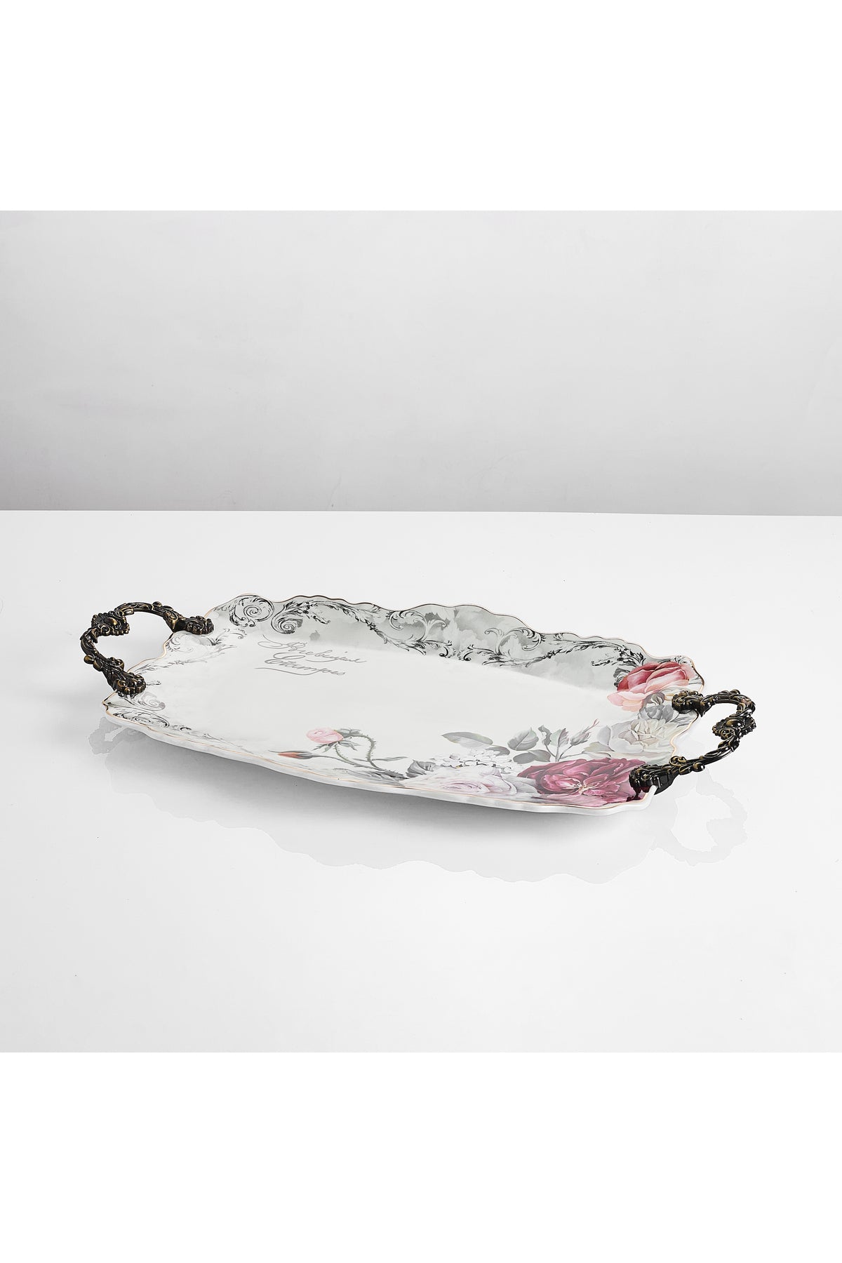 Tavă servire porțelan ovală model floral vintage, mânere metalice bronz, 44.5 cm
