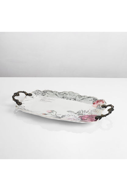 Tavă servire porțelan ovală model floral vintage, mânere metalice bronz, 44.5 cm