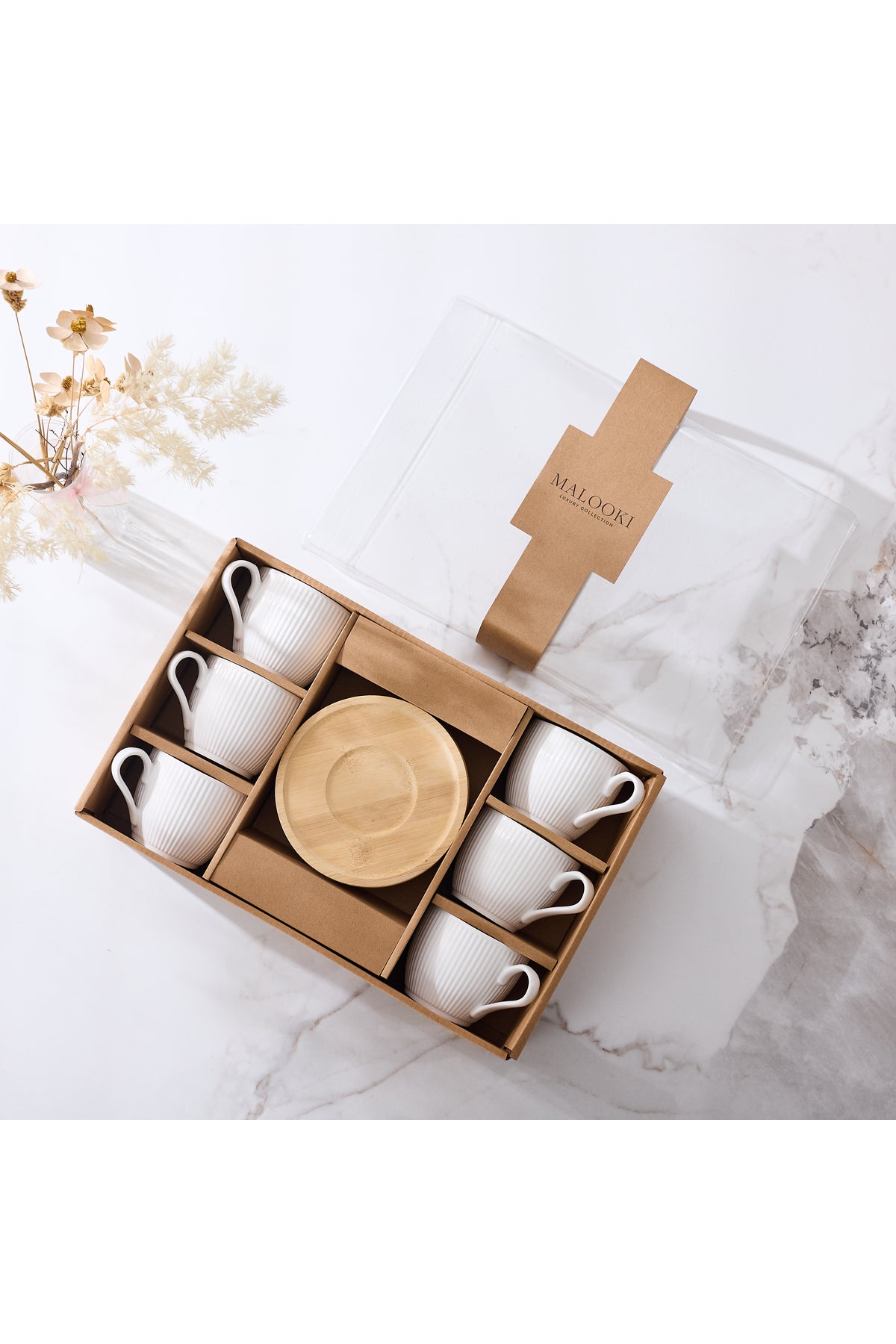 Set 6 cești cafea porțelan Groove cu farfurioare bambus, 200ml, alb