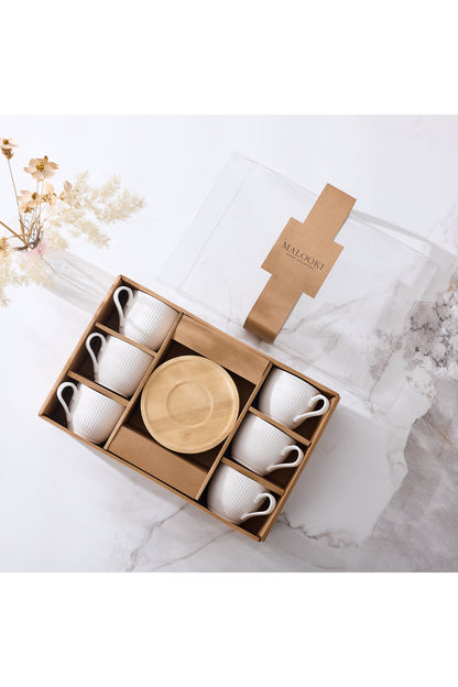Set 6 cești cafea porțelan Groove cu farfurioare bambus, 200ml, alb