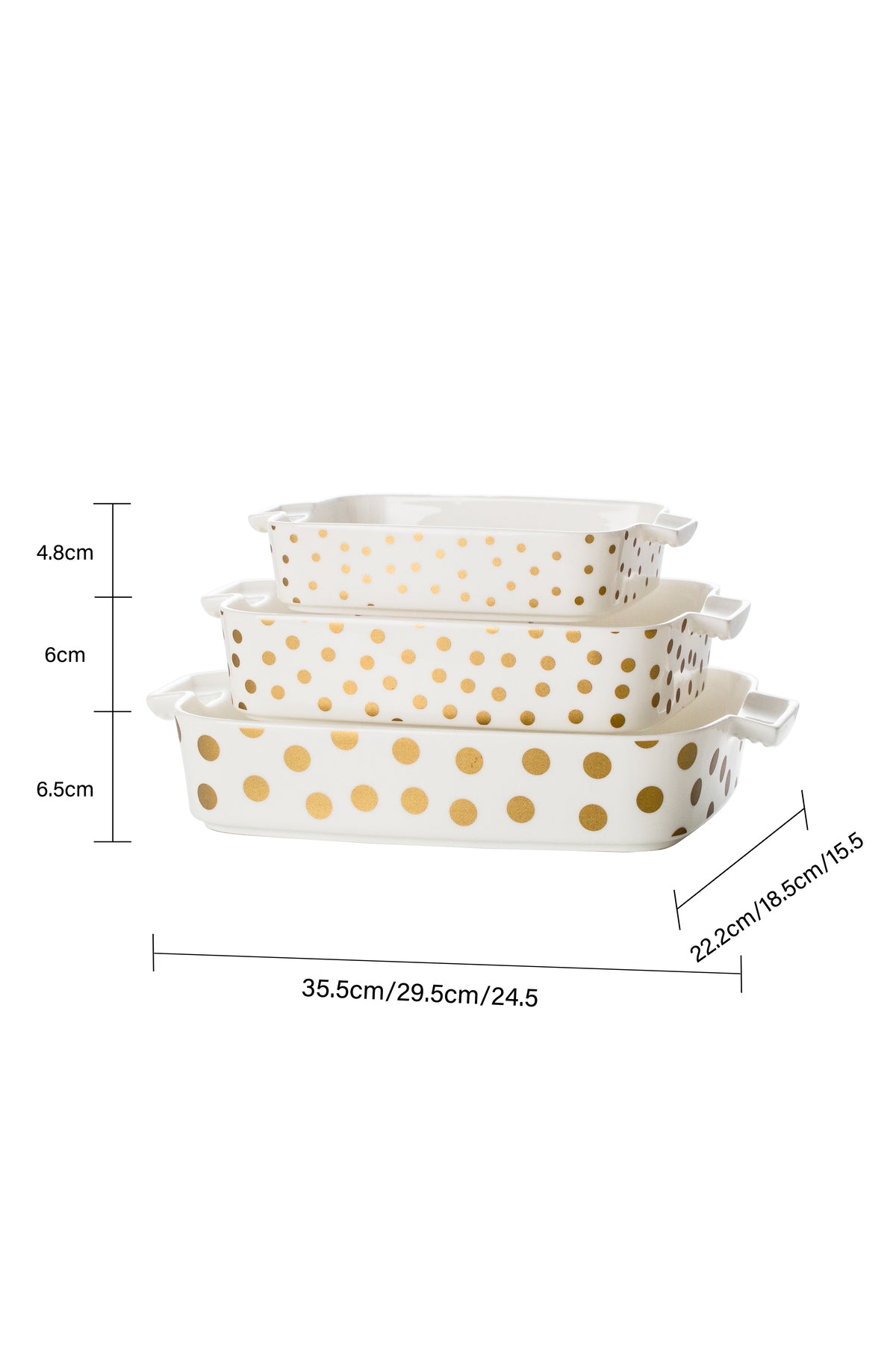 Set 3 tăvi cuptor Dotted – porțelan alb cu buline aurii, rezistente la cuptor