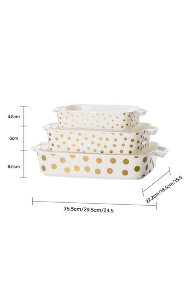 Set 3 tăvi cuptor Dotted – porțelan alb cu buline aurii, rezistente la cuptor