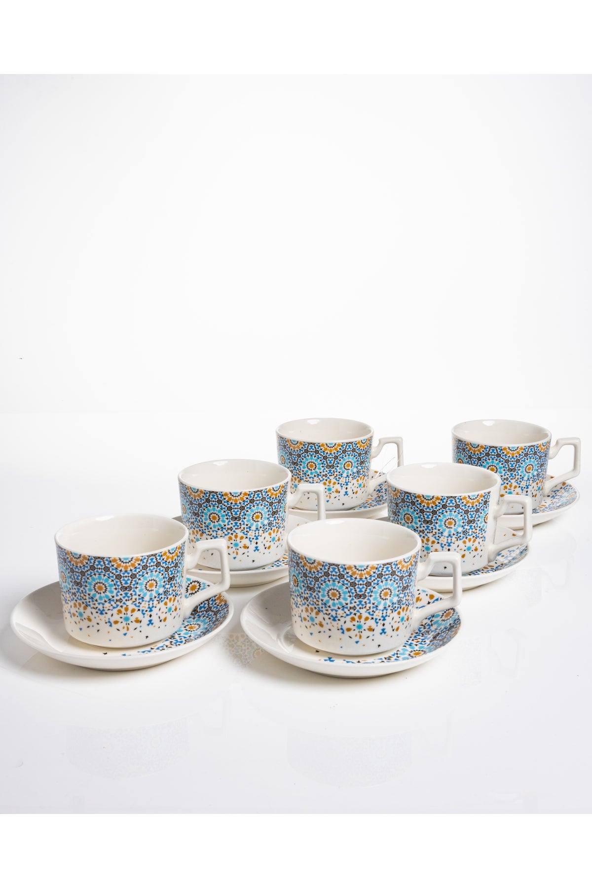 Set 6 cești cafea Marrakech – porțelan cu mozaic oriental, 12 piese cu farfurioare