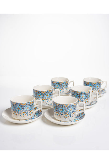Set 6 cești cafea Marrakech – porțelan cu mozaic oriental, 12 piese cu farfurioare