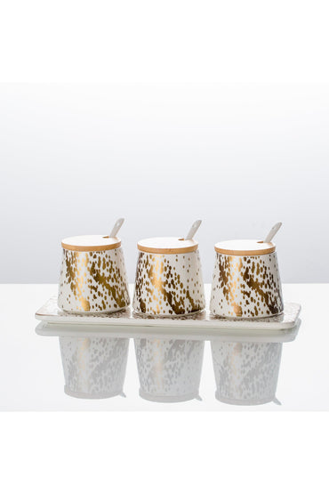 Set 3 Recipiente Condimente din porțelan, Capace Bambus și Tavă suport - Sprinkles Collection