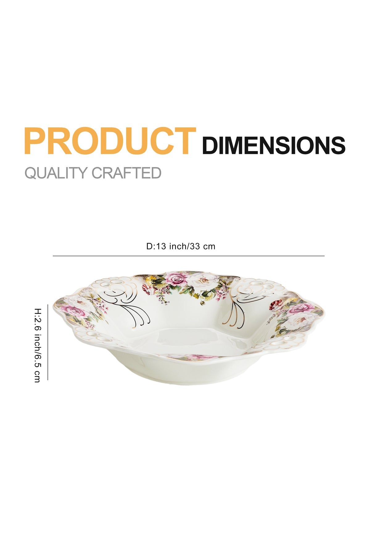 Bol fructieră porțelan model floral vintage, margini dantelate, diametru 33 cm