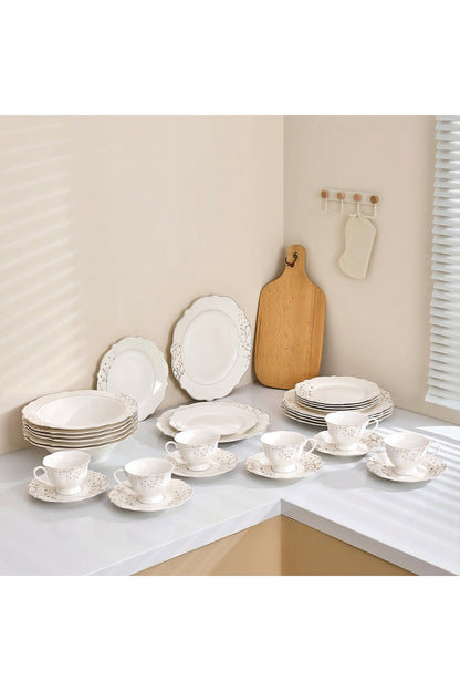 Set masă 30 piese porțelan Lifetree, alb cu ramuri aurii, 6 persoane