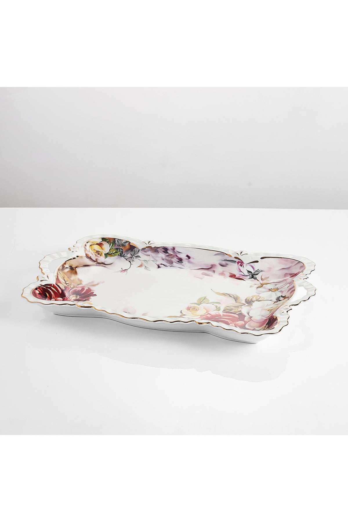 Tavă servire porțelan model floral vintage, mânere integrate, 42 x 27 cm