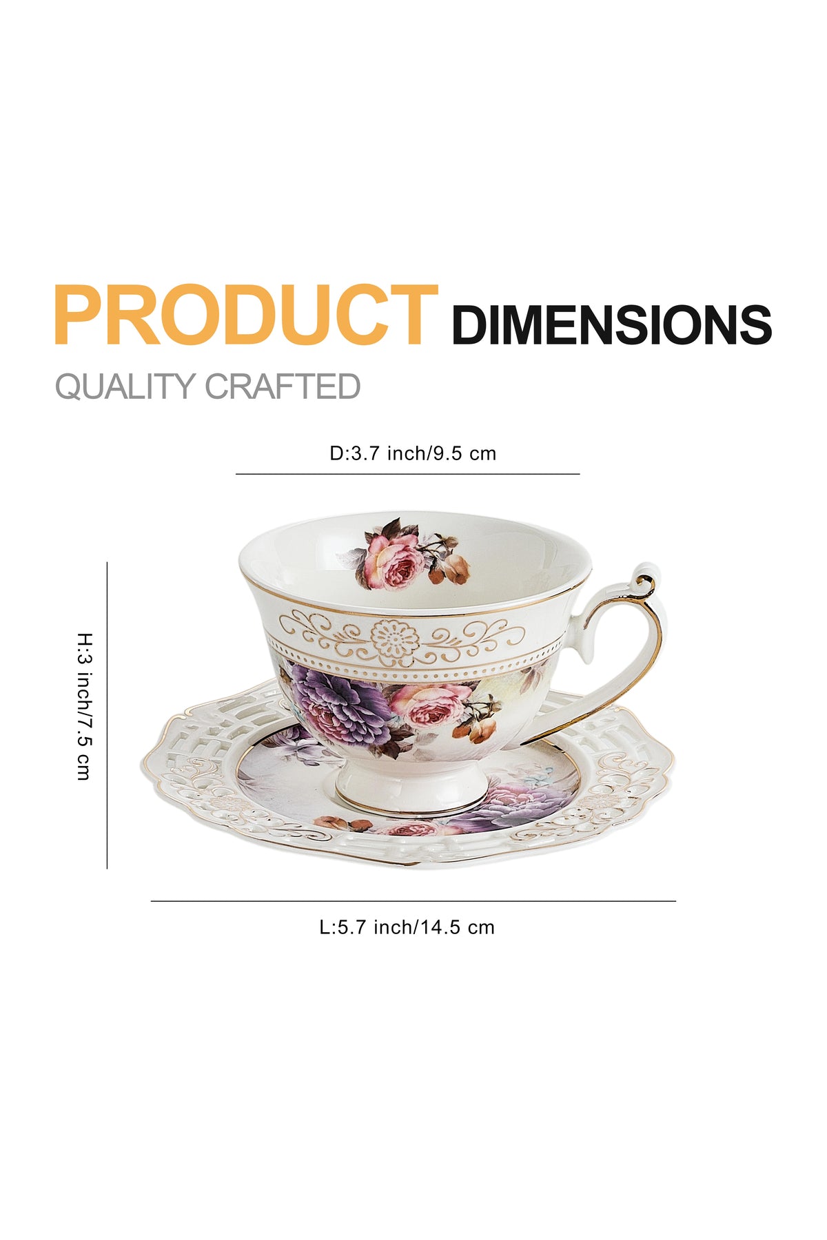 Set 2 cești cafea cu 2 farfurioare rotunde porțelan 200 ml – model floral elegant